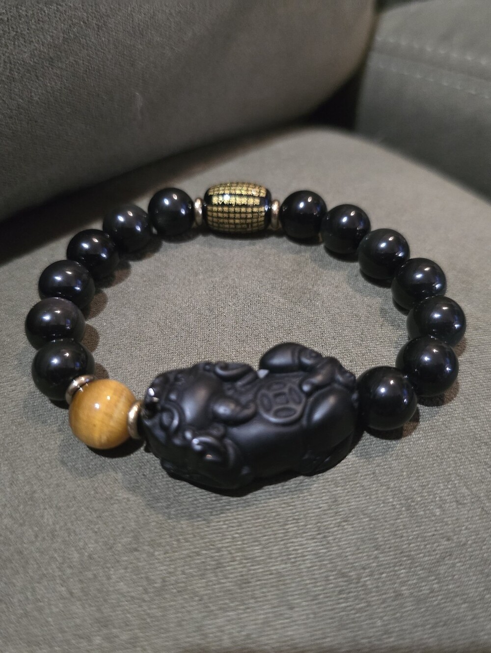 Buddha Power Feng Shui Black Obsidian Bracelet With Tigers Eye Stone, Lucky